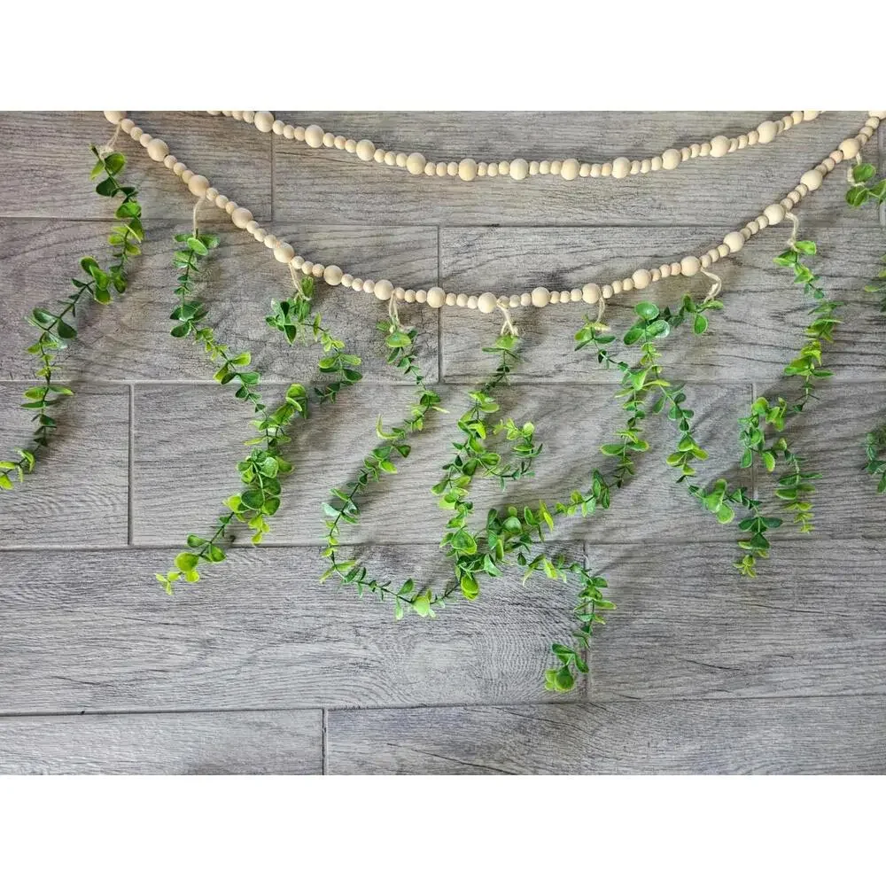 Brand New Artificial Eucalyptus Wall Hanging Decor Boho Wood Beads Long 42